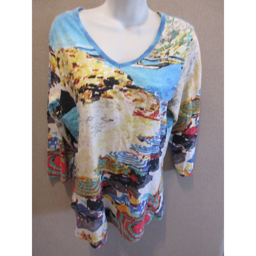Orientique Women L Beach Scenic Top 3/4 Sleeve Organic Cotton Art Shirt
